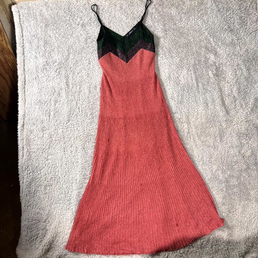 Zara Knit A Line Dress Womens S Pink Black Spaghetti Strap Sleeveless Lace Trim